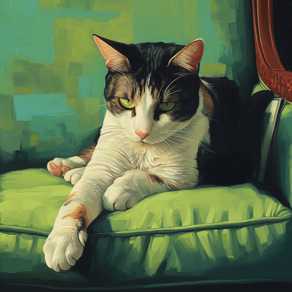 Relaxing cat on green sofa cross stitch kit for beginners