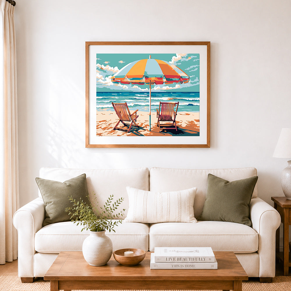 Finished relaxing seaside beach escape cross stitch artwork displayed as home decor