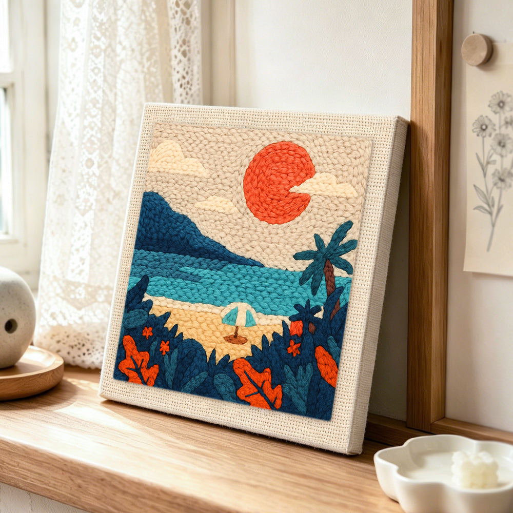 Relaxing seaside retreat punch needle artwork displayed on a table