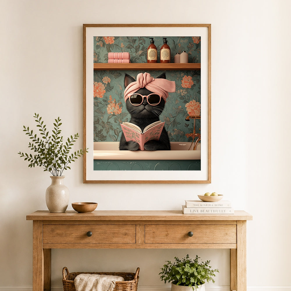 Finished relaxing spa cat cross stitch artwork displayed as home decor