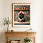 Finished relaxing spa cat cross stitch artwork displayed as home decor