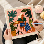Creating handmade relaxing woman and houseplants punch needle artwork