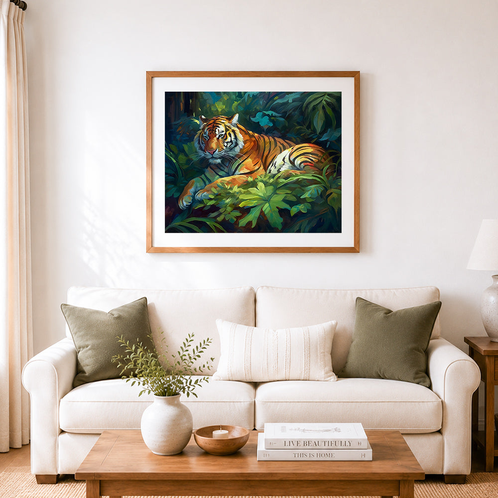 Finished resting jungle tiger cross stitch artwork displayed as home decor