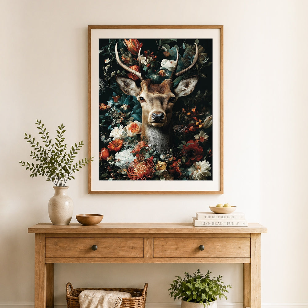 Finished retro and gorgeous deer among flowers cross stitch artwork displayed as home decor