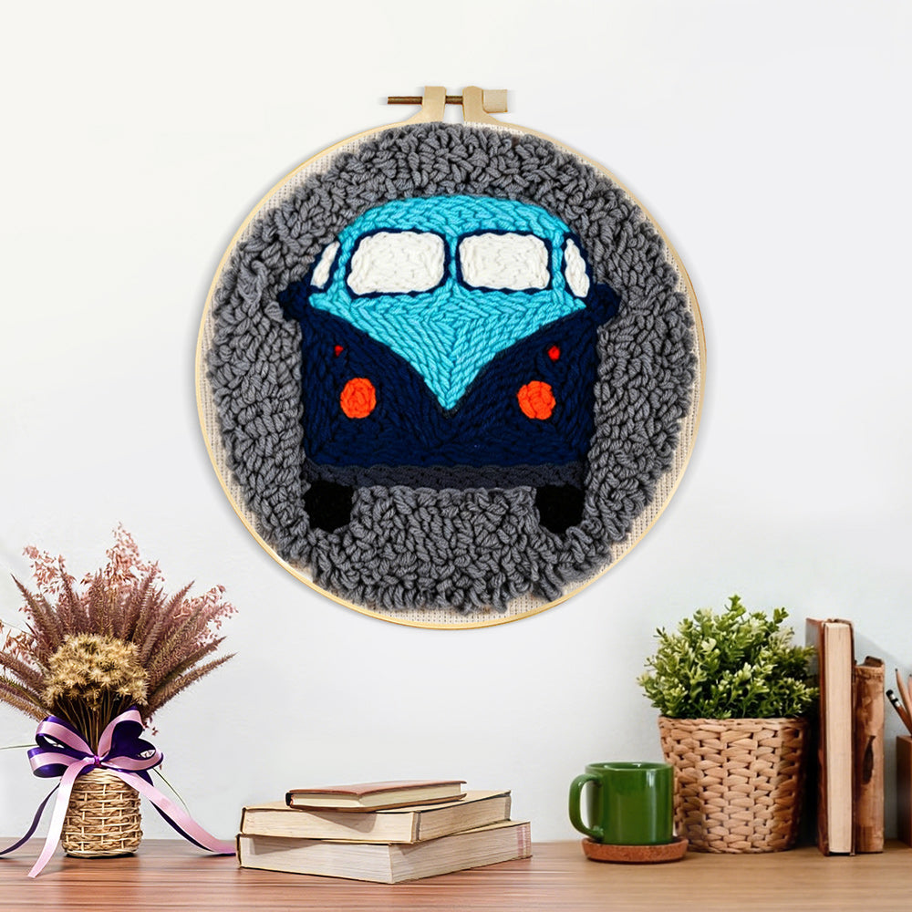 Finished retro blue campervan artwork displayed on a wall