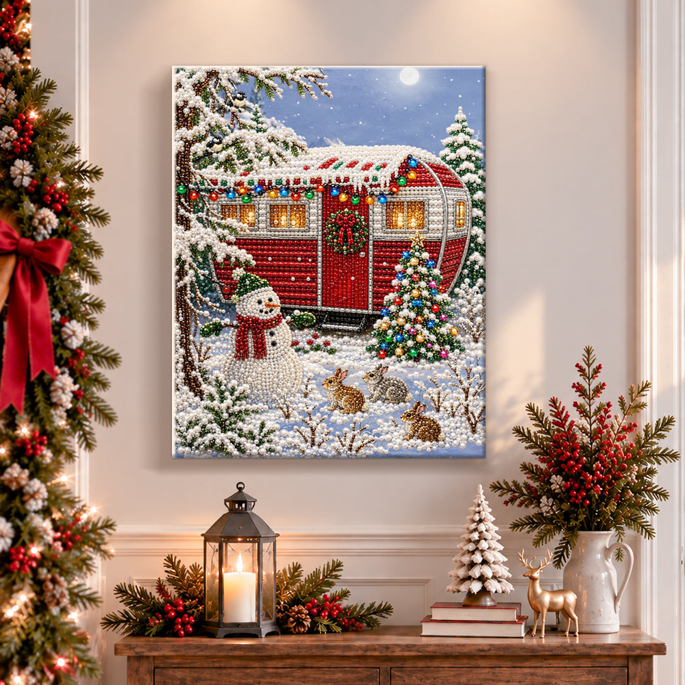 Finished retro camper winter christmas pearl diamond painting artwork displayed as holiday home decor