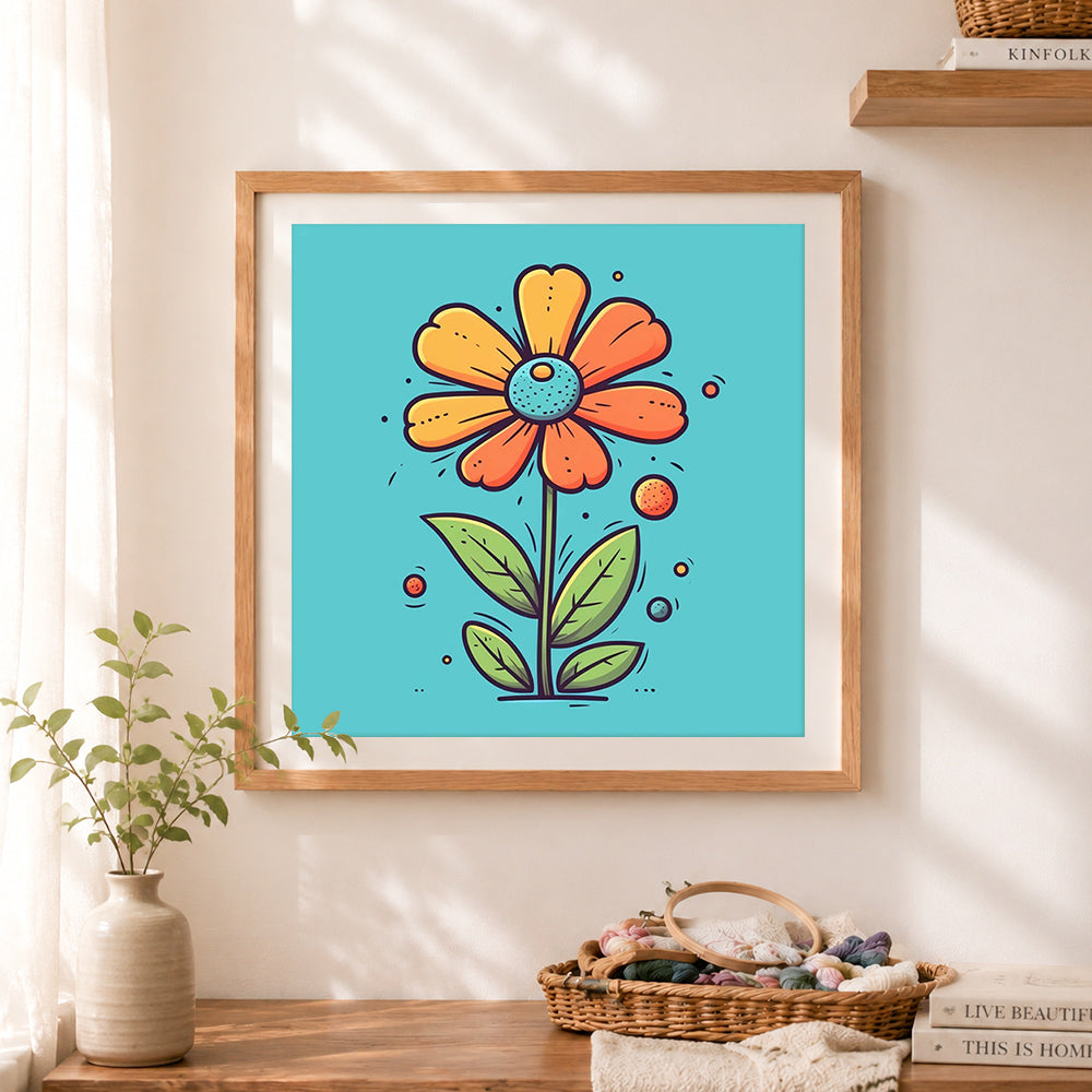 Finished retro cartoon daisy print cross stitch artwork displayed as home decor