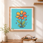 Finished retro cartoon daisy print cross stitch artwork displayed as home decor