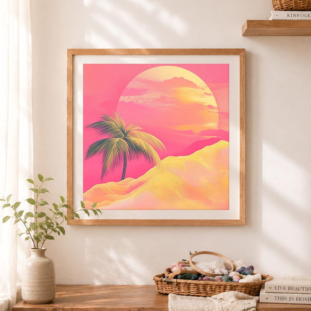 Finished retro desert sunset cross stitch artwork displayed as home decor