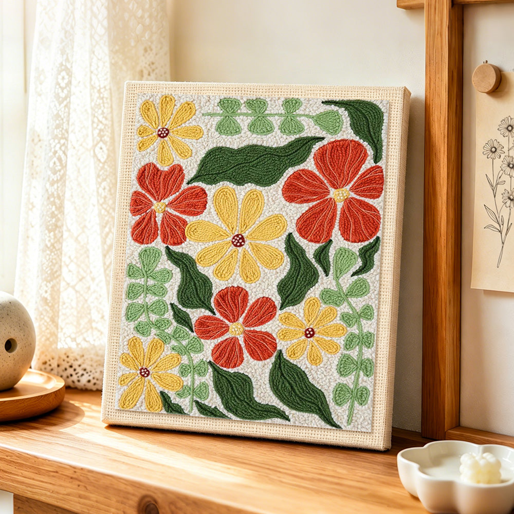 Retro ditsy botanical punch needle artwork displayed on a table