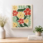 Finished retro ditsy botanical artwork displayed on a wall