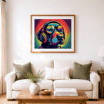 Finished retro dog with headphones cross stitch artwork displayed as home decor