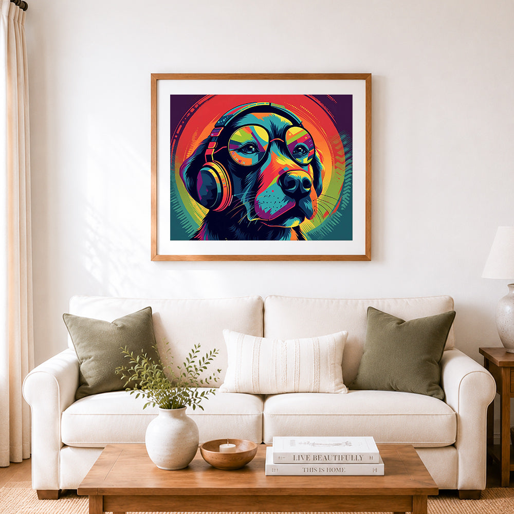 Finished retro dog with headphones cross stitch artwork displayed as home decor