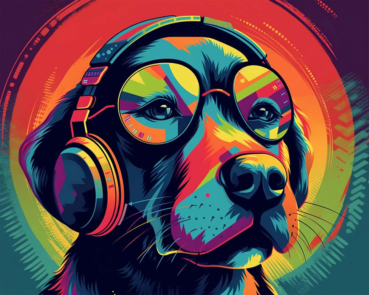 Retro dog with headphones cross stitch kit for beginners
