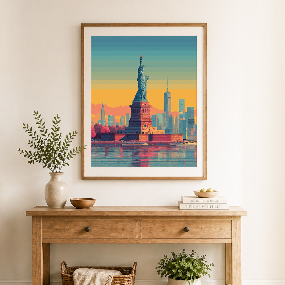 Finished retro new york skyline cross stitch artwork displayed as home decor