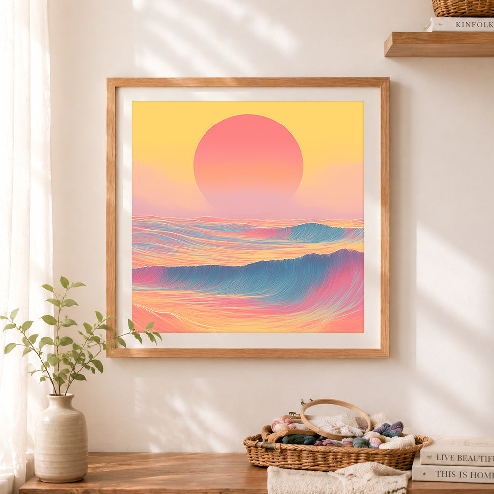 Finished retro ocean waves cross stitch artwork displayed as home decor