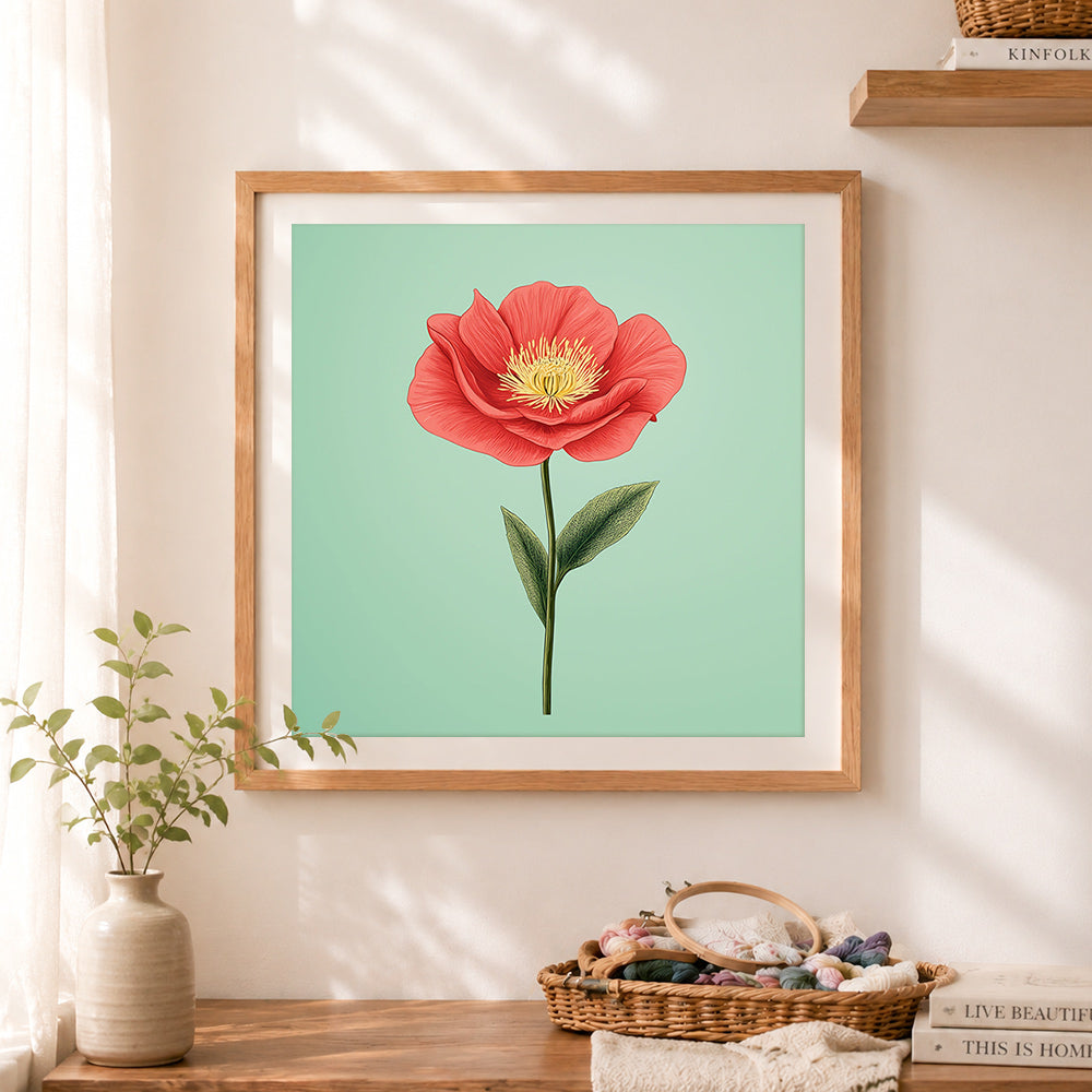 Finished retro red poppy flower cross stitch artwork displayed as home decor
