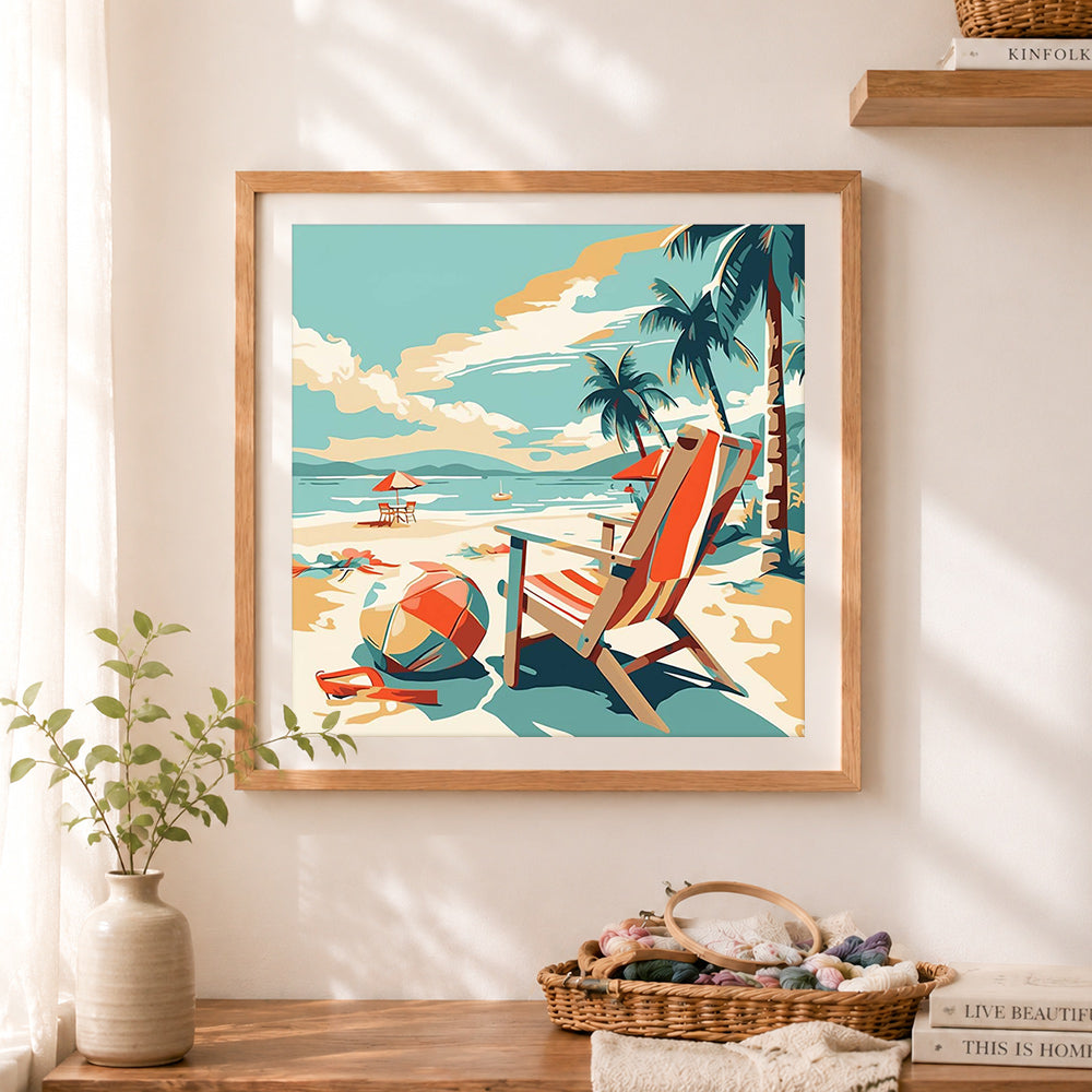 Finished retro summer beach scene cross stitch artwork displayed as home decor