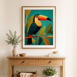 Finished retro toucan on branch cross stitch artwork displayed as home decor