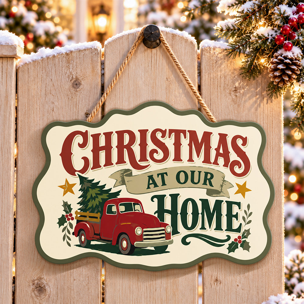 Retro truck holiday paint by numbers door hanger on a garden gate