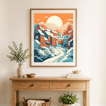Finished retro winter mountain village cross stitch artwork displayed as home decor