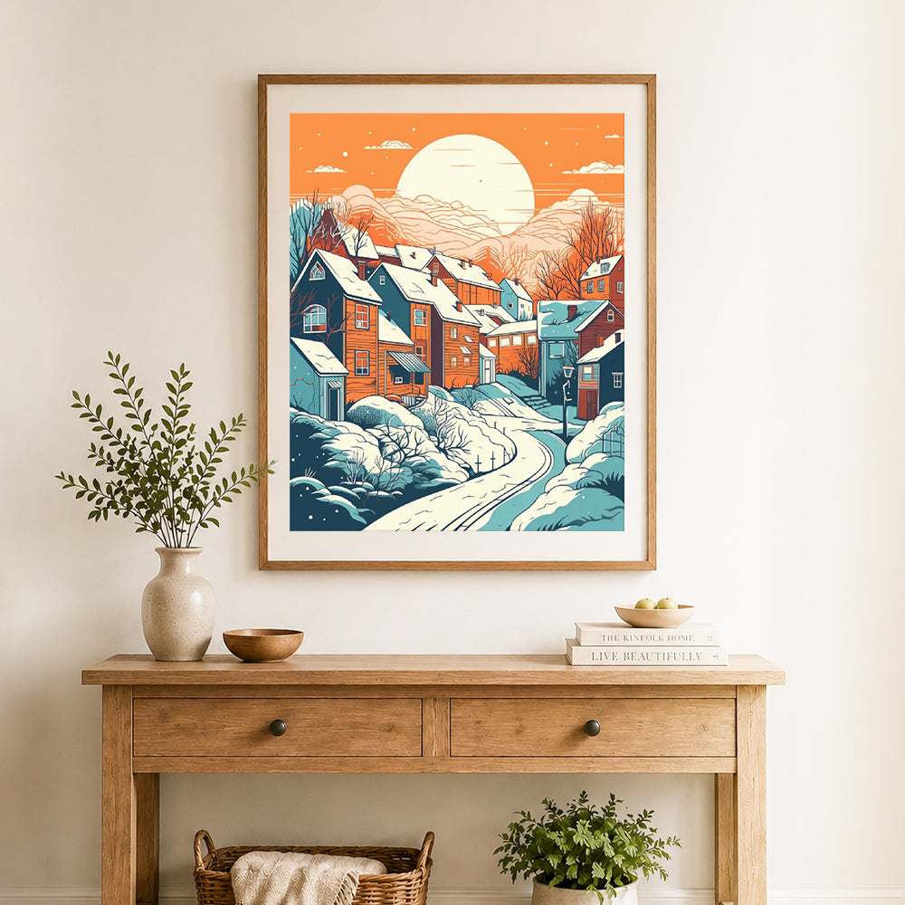 Finished retro winter mountain village cross stitch artwork displayed as home decor