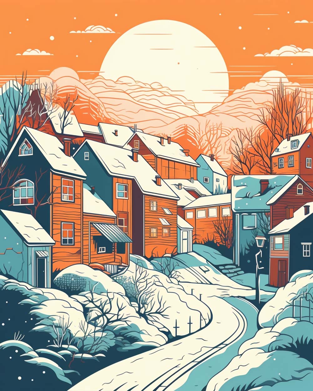 Retro winter mountain village cross stitch kit for beginners