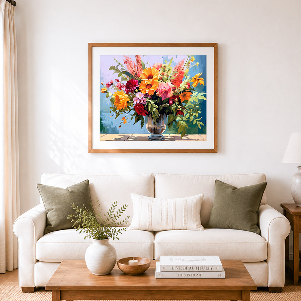 Finished rich autumn floral display cross stitch artwork displayed as home decor
