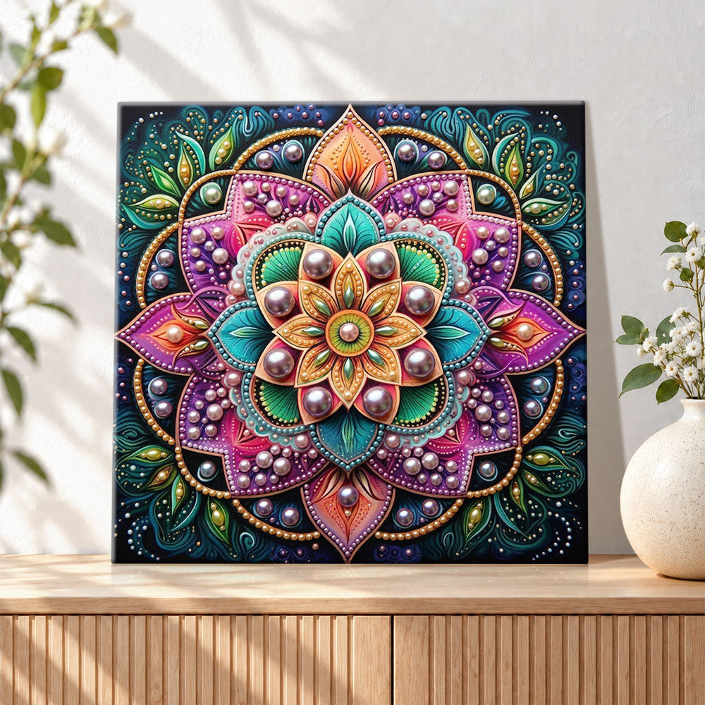 Finished rich colored mandala bloom pearl diamond painting artwork displayed as holiday home decor