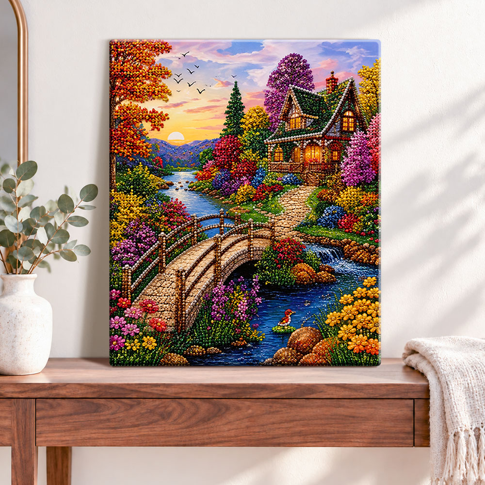 Finished riverside cottage at sunset pearl diamond painting artwork displayed as home decor