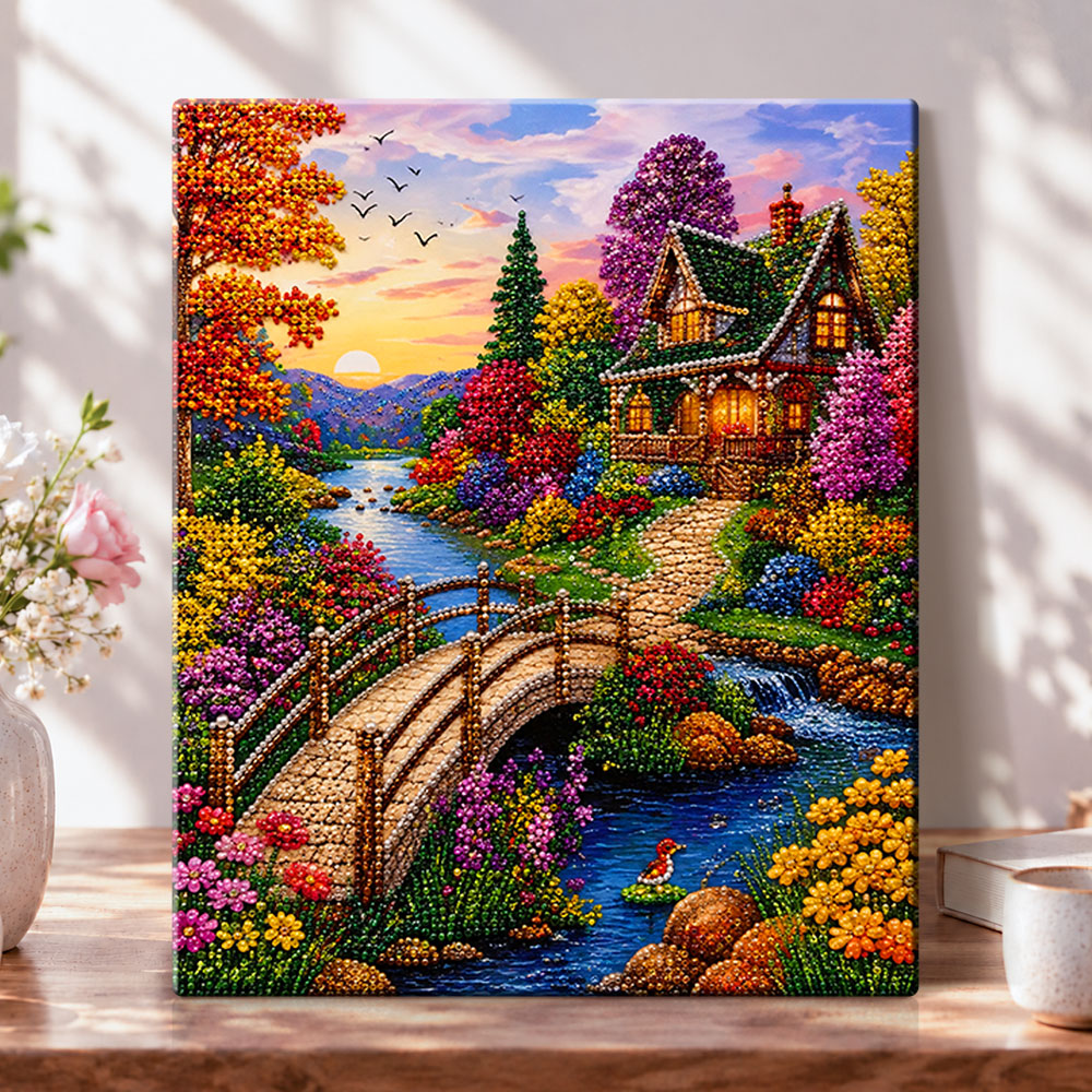 Riverside cottage at sunset pearl diamond painting kit for beginners