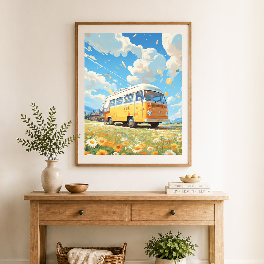 Finished road trip camper van cross stitch artwork displayed as home decor