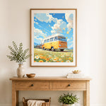 Finished road trip camper van cross stitch artwork displayed as home decor