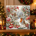 Finished robin bird in wintry garden pearl diamond painting artwork displayed as holiday home decor