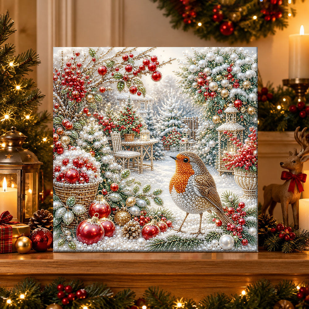 Finished robin bird in wintry garden pearl diamond painting artwork displayed as holiday home decor