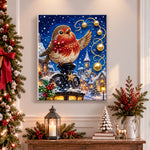 Finished robin bird on street lamp pearl diamond painting artwork displayed as holiday home decor