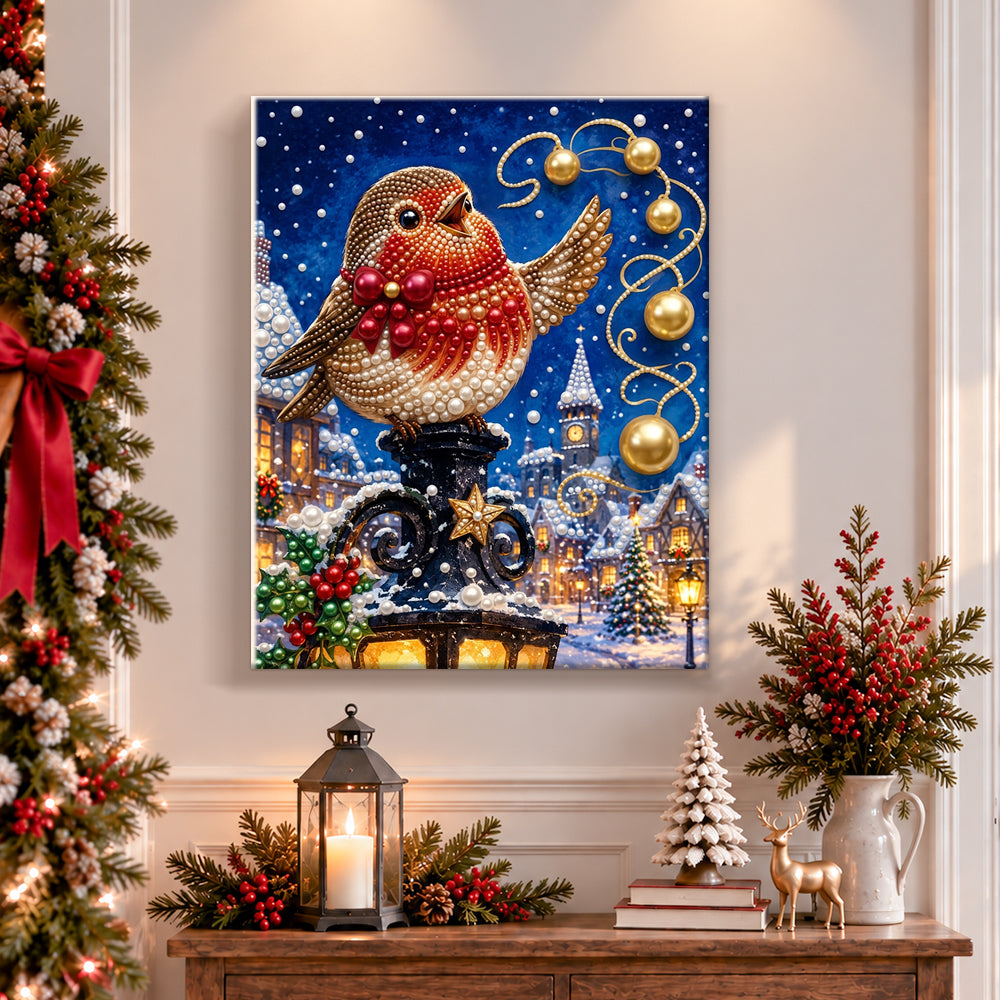 Finished robin bird on street lamp pearl diamond painting artwork displayed as holiday home decor