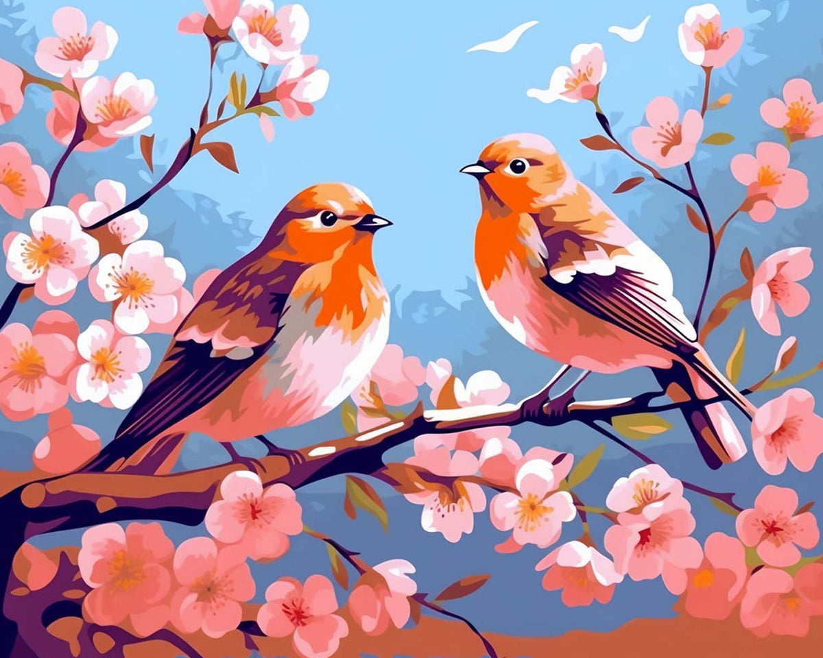 Robins among spring blossoms cross stitch kit for beginners