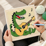Creating handmade rockstar crocodile playing guitar punch needle artwork