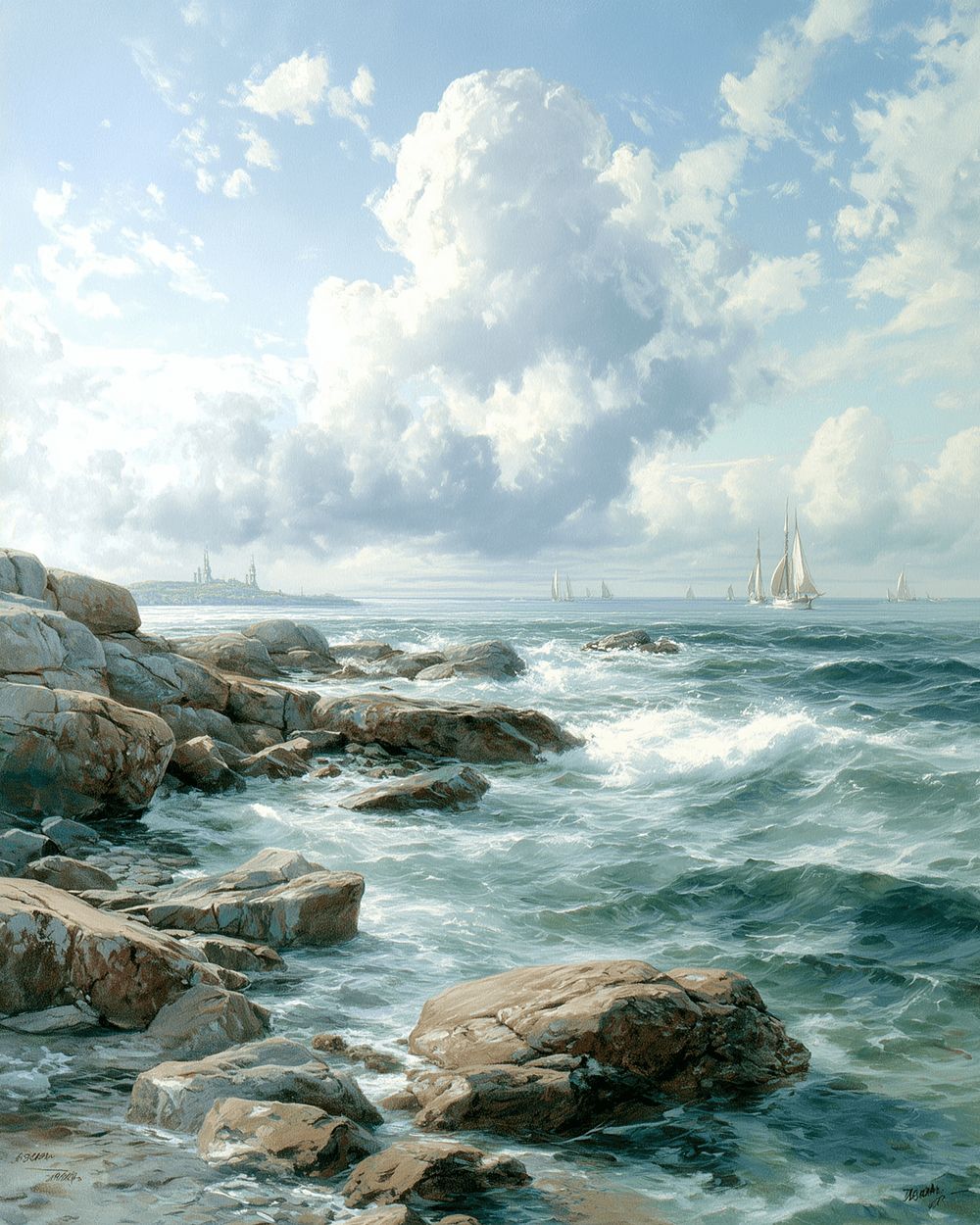 Rocky coastline with sailboats cross stitch kit for beginners