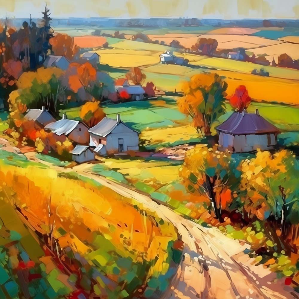 Rolling autumn hills village cross stitch kit for beginners