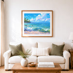 Finished rolling blue waves under the white clouds cross stitch artwork displayed as home decor