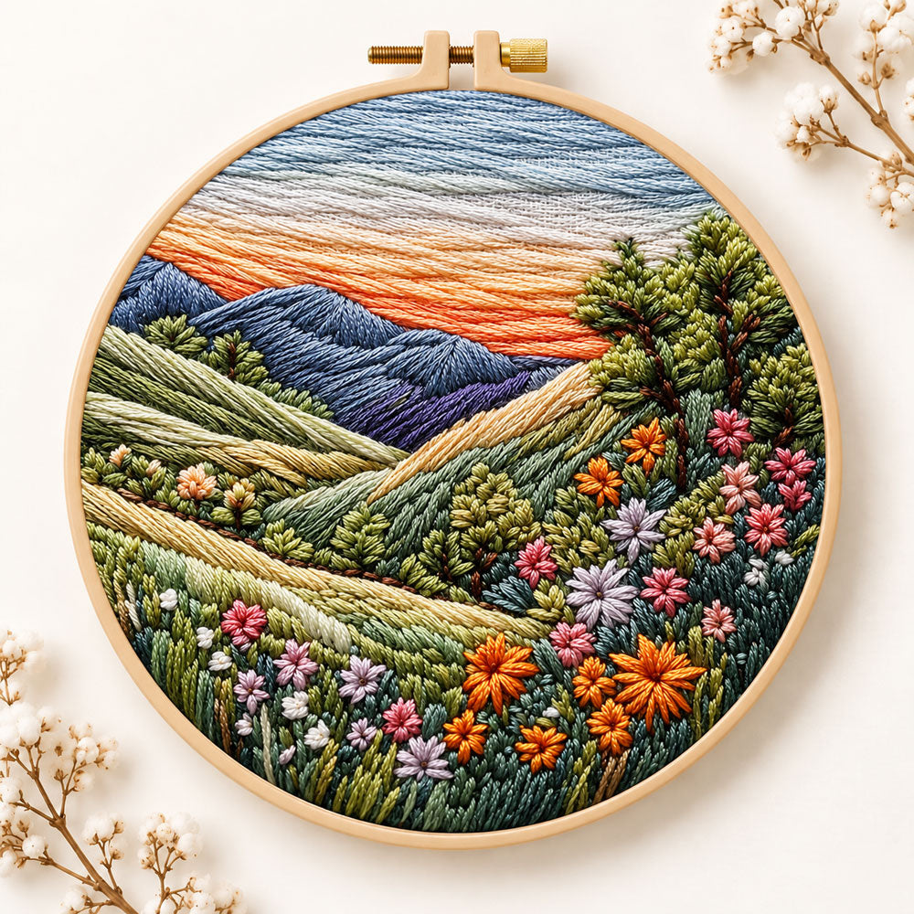 Rolling hills floral vista embroidery kit