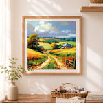 Finished rolling rural farm valley cross stitch artwork displayed as home decor