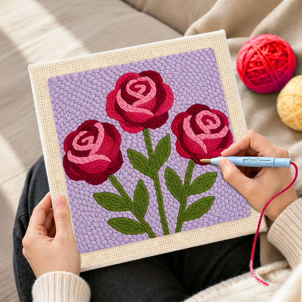 Creating handmade romantic blooming roses punch needle artwork