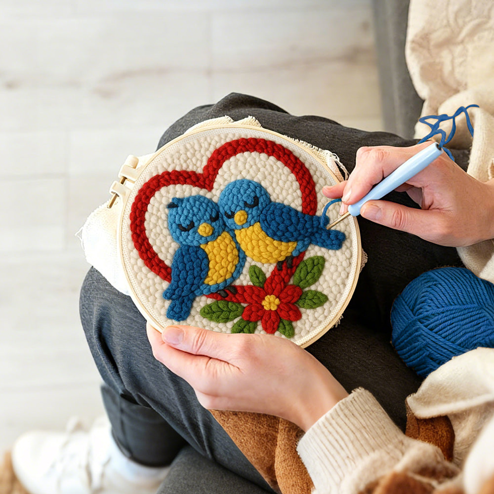 Creating handmade romantic blue lovebirds punch needle artwork