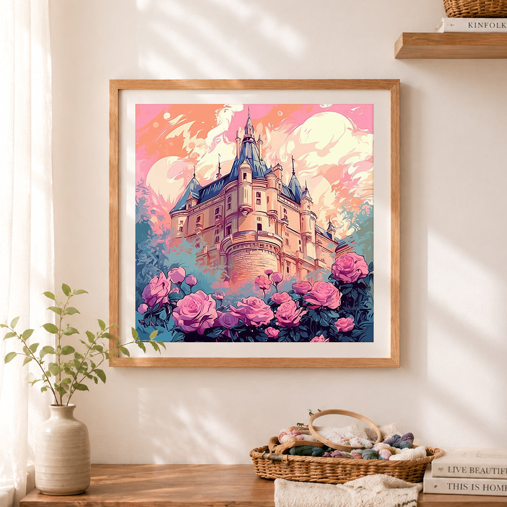 Finished romantic castle under pink sky cross stitch artwork displayed as home decor