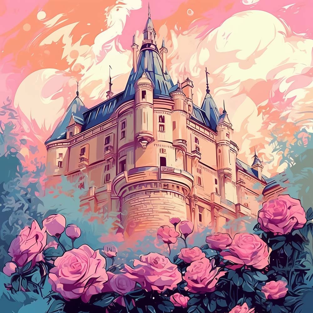 Romantic castle under pink sky cross stitch kit for beginners