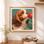 Finished romantic cavalier king charles with red rose cross stitch artwork displayed as home decor