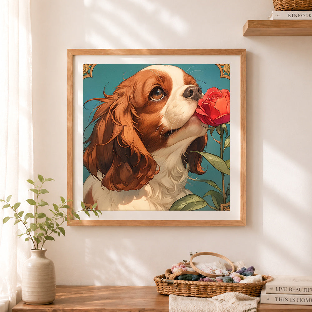 Finished romantic cavalier king charles with red rose cross stitch artwork displayed as home decor
